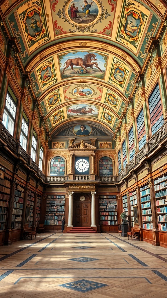 Interior view of the National Library of the Czech Republic showcasing ornate ceilings and book-lined walls.