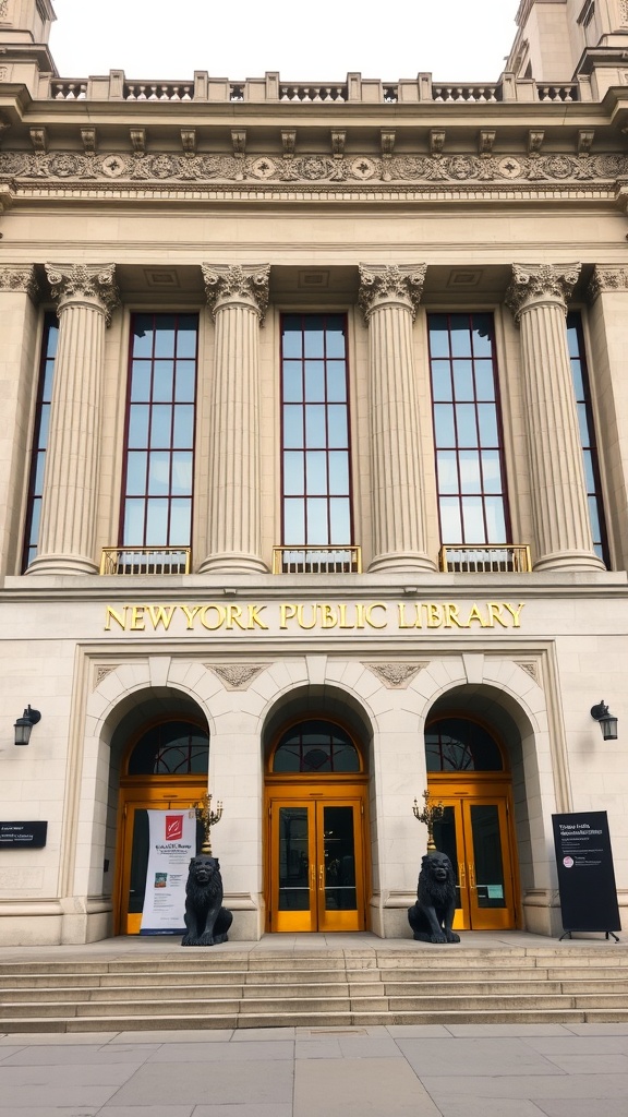 The entrance of the New York Public Library with lion statues and ornate architecture.