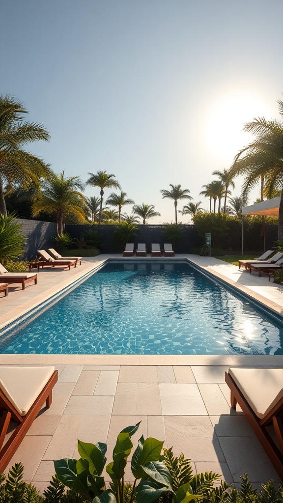 A tranquil rectangular swimming pool surrounded by palm trees and lounge chairs under the sun.