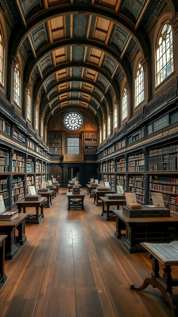 Interior of the Oxford Bodleian Library showing high arched ceilings and rows of bookshelves