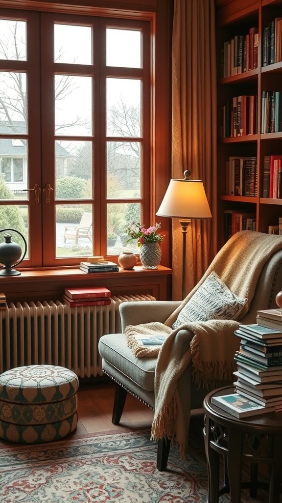 Cozy reading nook with a chair, lamp, and bookshelf by a window