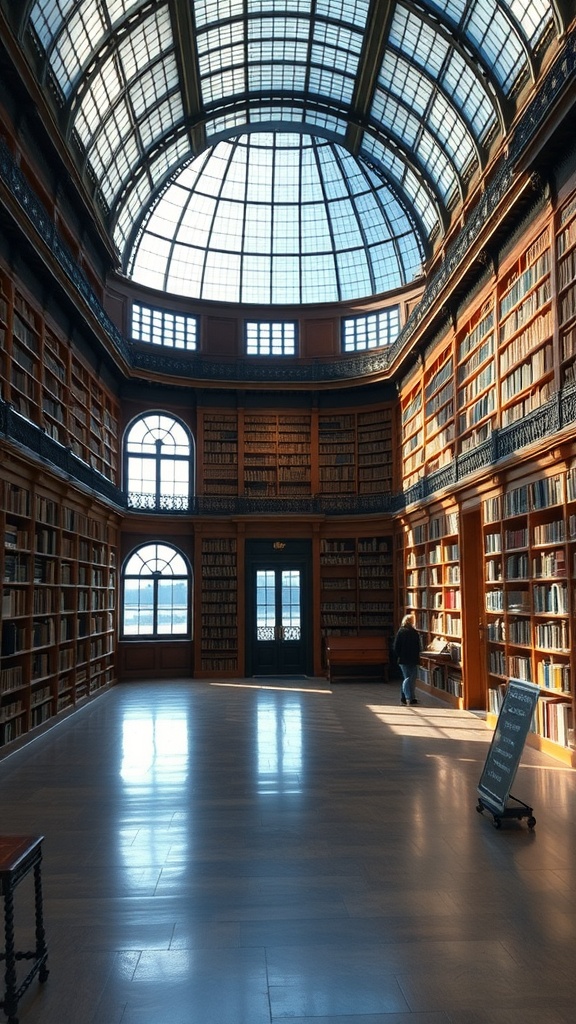 Interior of The Royal Library of Denmark showing wooden shelves and a glass dome ceiling