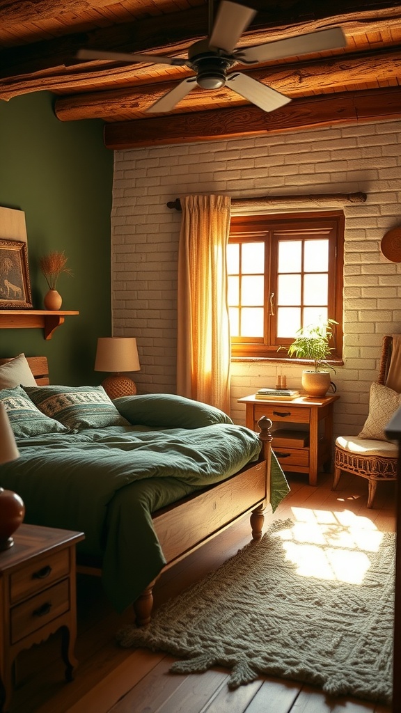 A rustic bedroom featuring green walls, wooden furniture, and warm sunlight filtering through a window.