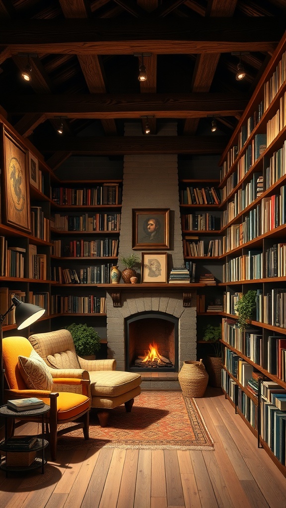 A cozy rustic home library with wooden shelves, a fireplace, and comfortable seating.