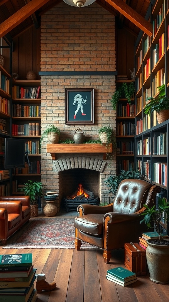 A rustic library featuring a brick fireplace, leather chairs, wooden shelves full of books, and plants.