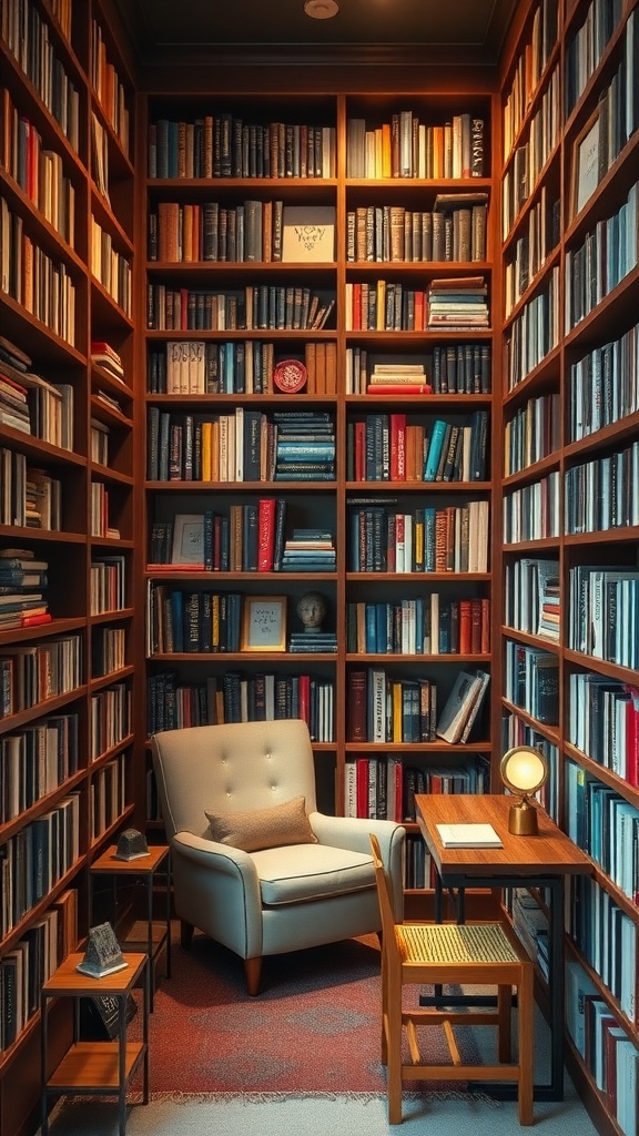 A compact home library featuring wooden shelves filled with books, a cozy chair, a small table, and a lamp.