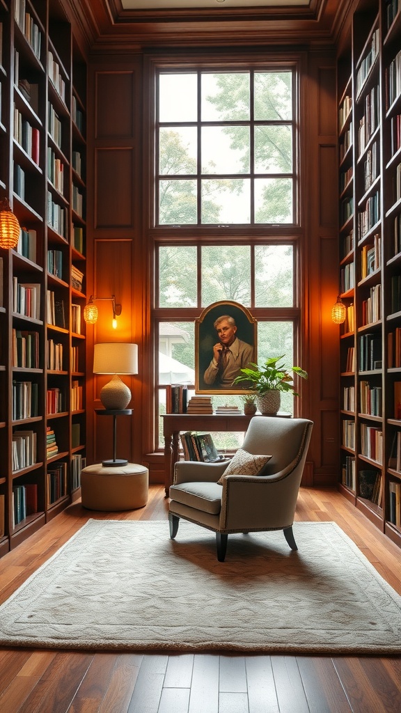 A cozy home library with wooden shelves full of books, a comfortable chair, and large windows letting in natural light.