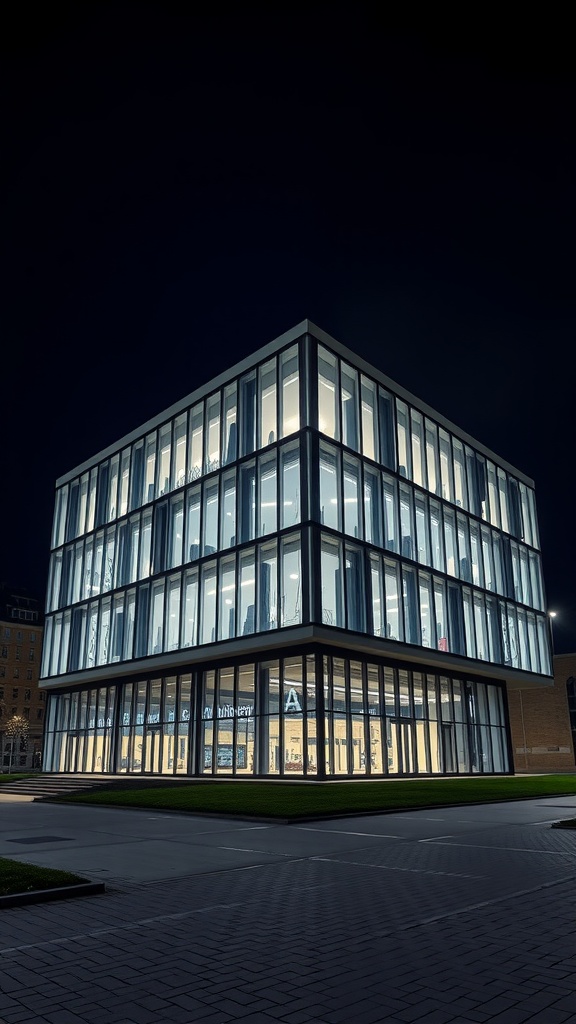 Exterior view of Stuttgart City Library at night showcasing its modern architecture and illuminated glass facade.