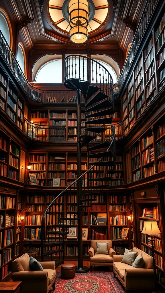 A cozy two-level library featuring a spiral staircase, wooden shelves filled with books, and comfortable seating areas.