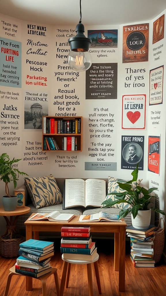 A cozy reading nook with literary-themed wall art, comfortable seating, and a table with open books.