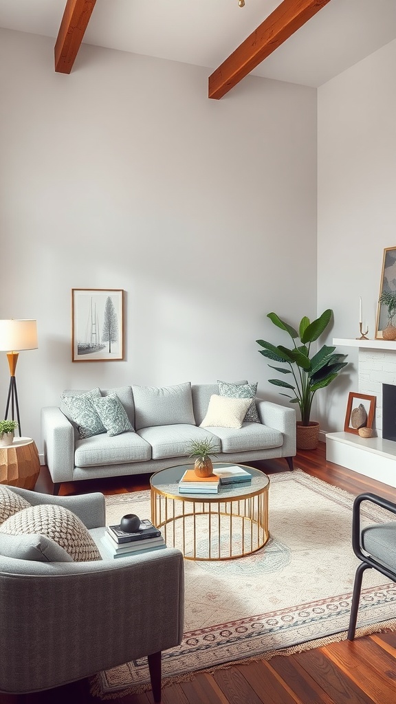 A beautifully designed living room featuring Art Deco and contemporary elements, with a sectional sofa, coffee table, and potted plant.