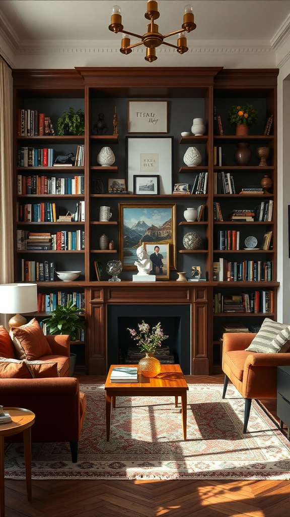 Cozy living room with built-in bookshelves filled with books and decorative items, featuring warm-toned furniture and natural light.