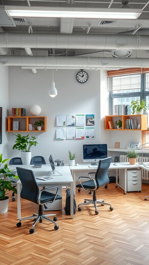 A bright and organized creative workspace with a thoughtful layout, featuring dedicated zones for collaboration and individual work.
