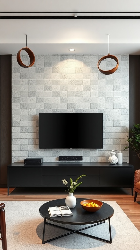 Modern living room with a tiled feature wall, black TV, and stylish decor.