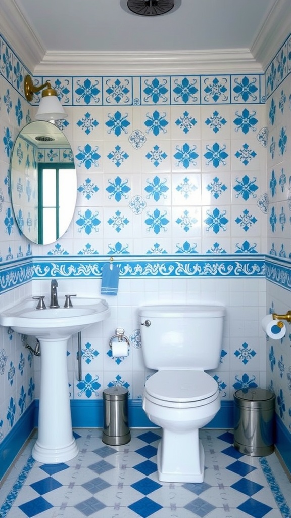 A bathroom featuring blue floral tiles on the walls with white fixtures.