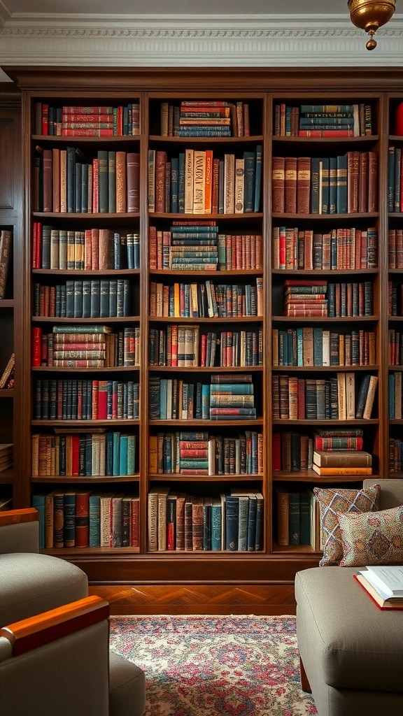 A wooden bookcase filled with various books, showcasing an Opulent Old-World Aesthetic Living Room Design.