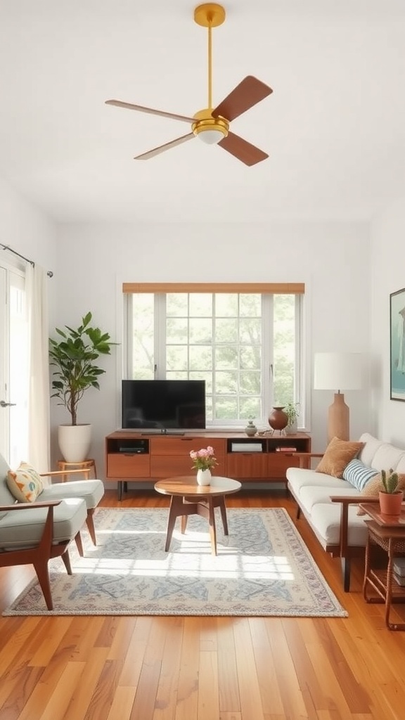 A Mid-Century Modern living room featuring a fan, plants, and wooden furniture.