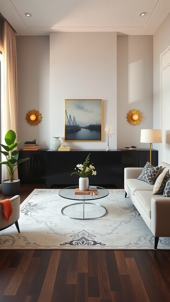 A stylish living room featuring Art Deco and contemporary design elements, with a soft sofa, glass coffee table, and elegant decor.