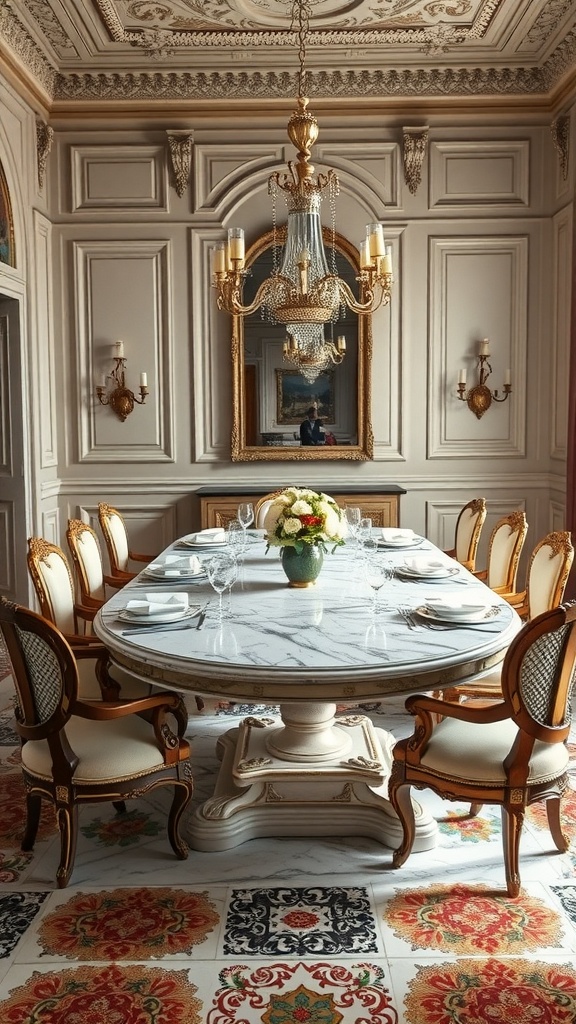 A luxurious Italian dining room featuring a marble table surrounded by elegant chairs, chandelier, and floral centerpiece.