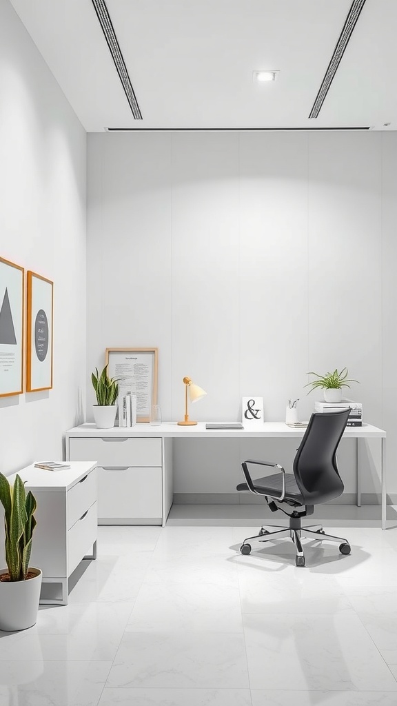Minimalist home office design with a desk, chair, and plants