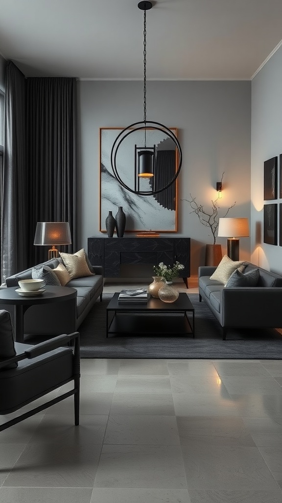 A modern living room featuring gothic elements with dark gray tones, minimalist furniture, and stylish decor.