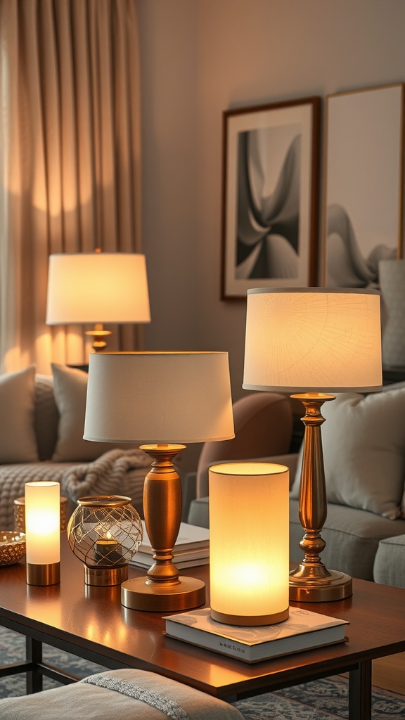 A collection of stylish table lamps on a coffee table in a cozy living room setting.