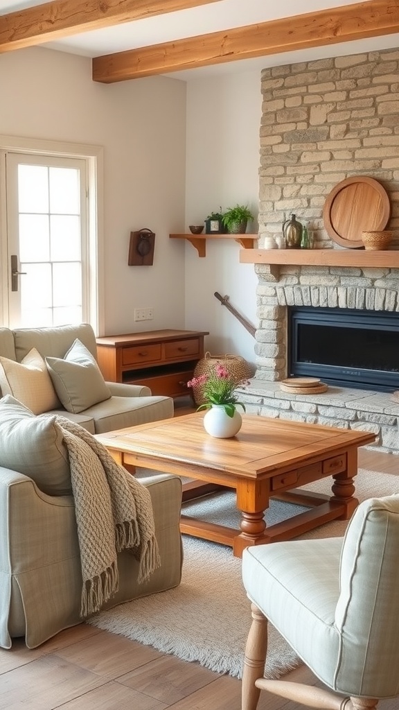 A cozy rustic farmhouse living room featuring a stone fireplace, wooden beams, and comfortable seating.