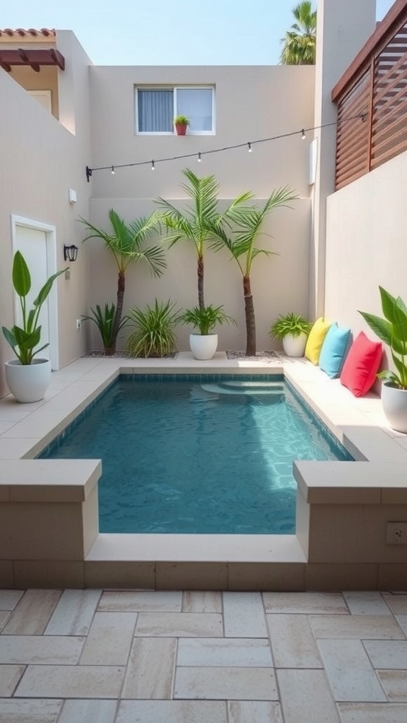 A tiny pool with built-in bench seating, surrounded by greenery and colorful cushions, creating a cozy backyard retreat.