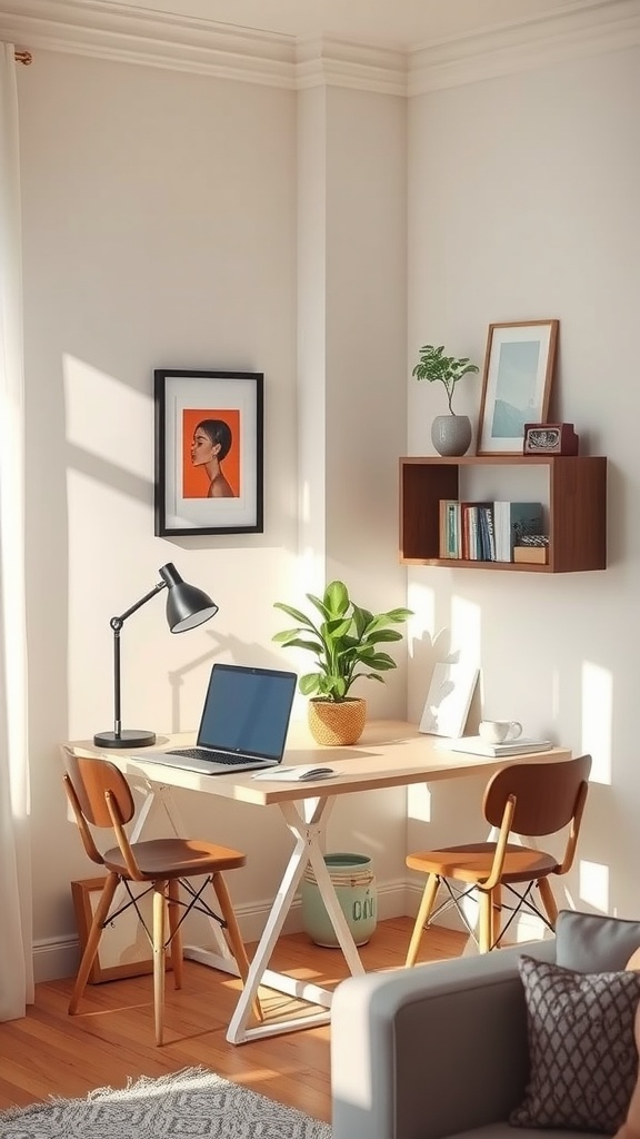 A cozy home office nook featuring two desks, laptops, plants, and decorative elements.