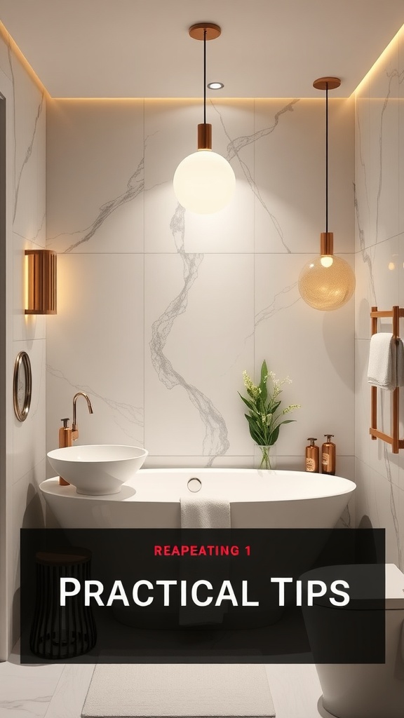 Modern luxury bathroom with marble walls, elegant lighting, and stylish decor