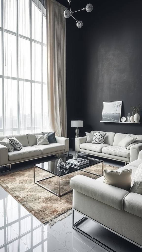 A modern living room with a large window, marble walls, and hard surfaces including a glass coffee table and modern furniture.