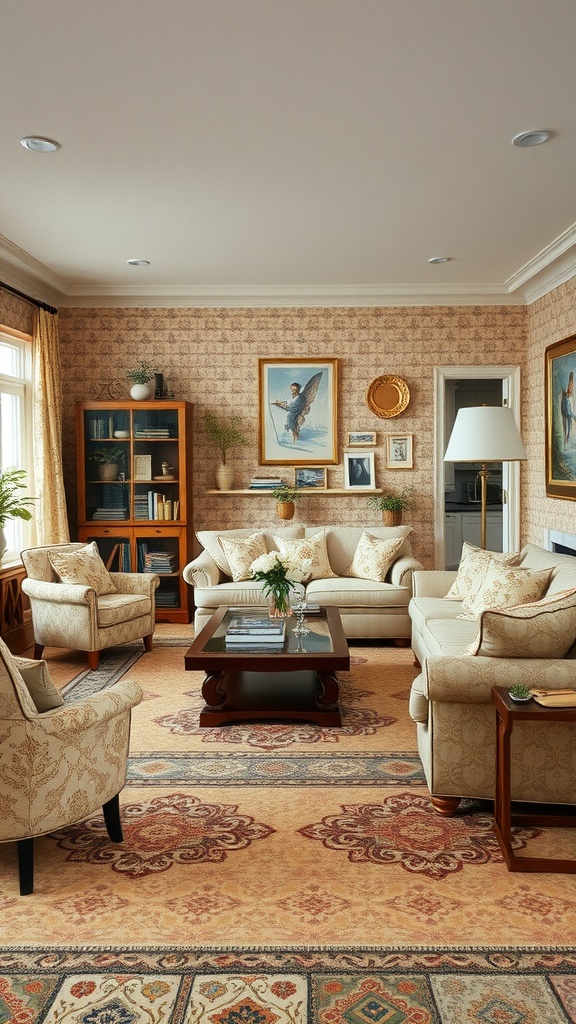 A cozy living room with matching furniture and decor, exhibiting a formal but inviting atmosphere.