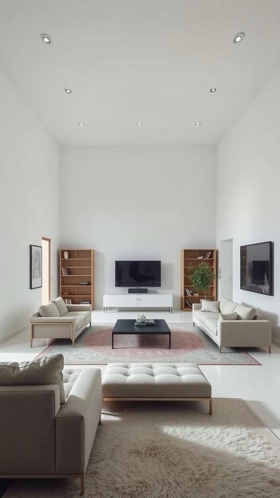 A minimalist living room with a white color palette, simple furniture, and a single plant.