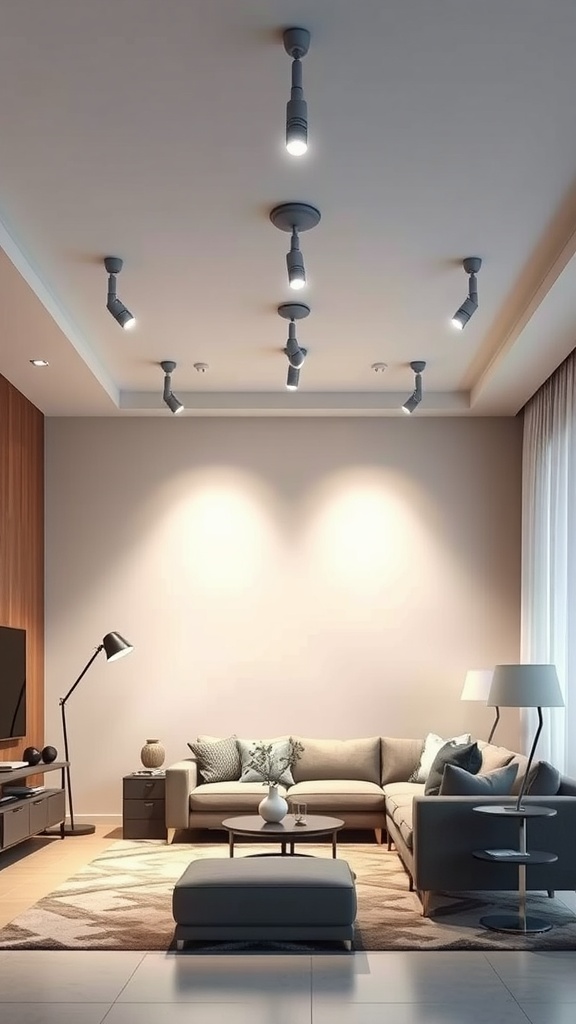 A modern living room with track lighting illuminating the space