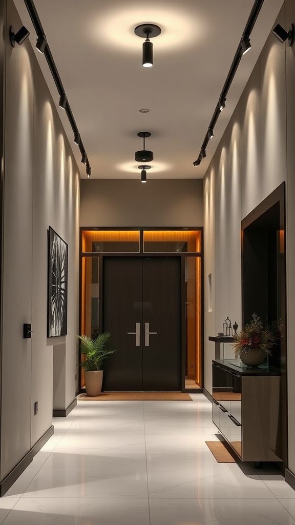 A modern foyer with track lighting illuminating the hallway, featuring sleek fixtures and a stylish decor.