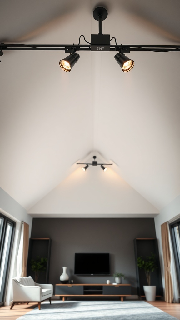 A modern living room with vaulted ceilings featuring track lighting