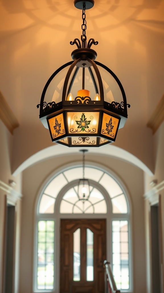 A traditional arched ceiling light fixture hanging in an entrance hall with floral patterns and a warm glow