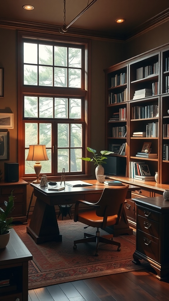 Traditional home office with wooden furniture, large windows, and warm lighting