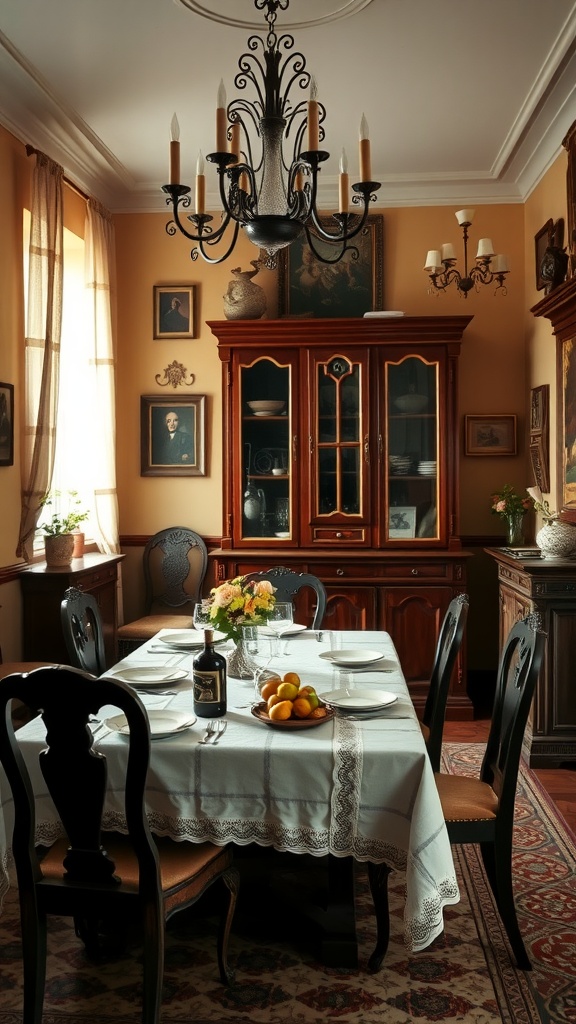 A cozy traditional dining room in Bologna with a wooden table, elegant chandelier, and set for a family meal.