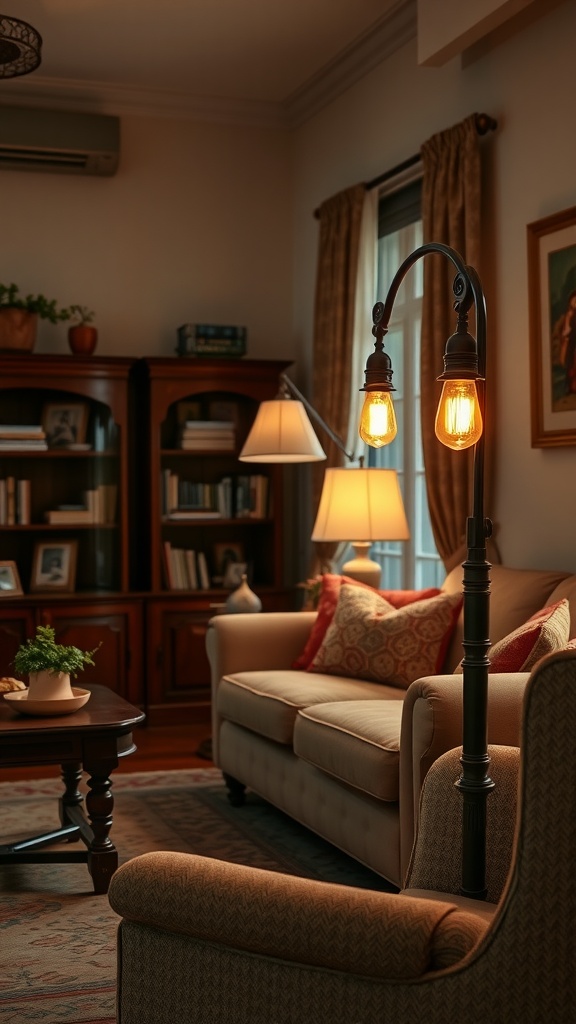 A cozy living room with traditional lamps providing warm-toned lighting