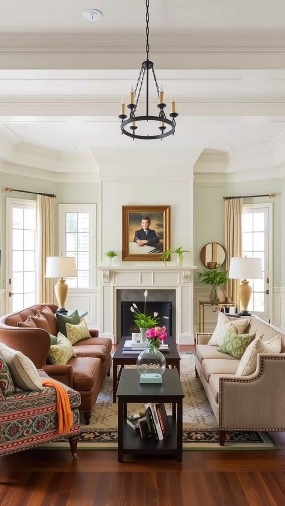 Traditional seating arrangement in an opulent old-world aesthetic living room featuring plush sofas and elegant armchairs.