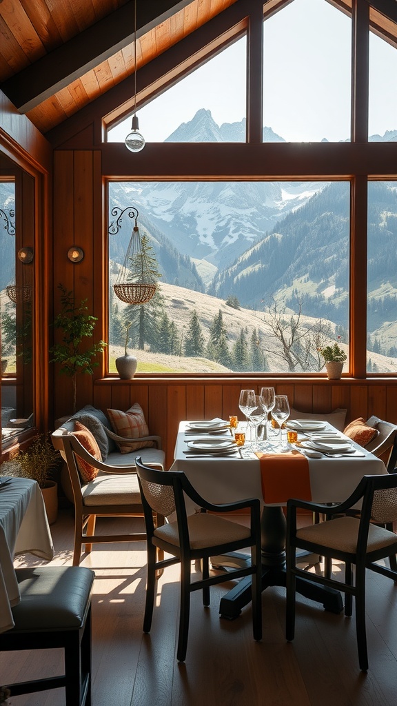 A cozy dining room with a view of the Dolomites, featuring a table set for a meal and large windows showcasing the mountains.