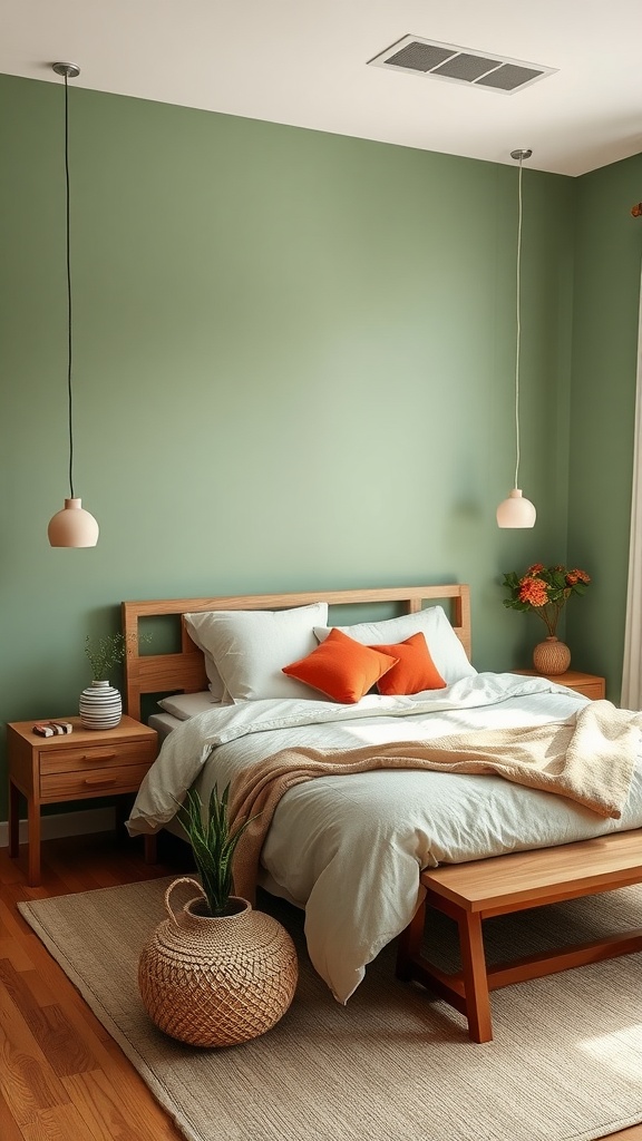 A cozy bedroom featuring green walls, wooden furniture, and terracotta accents.