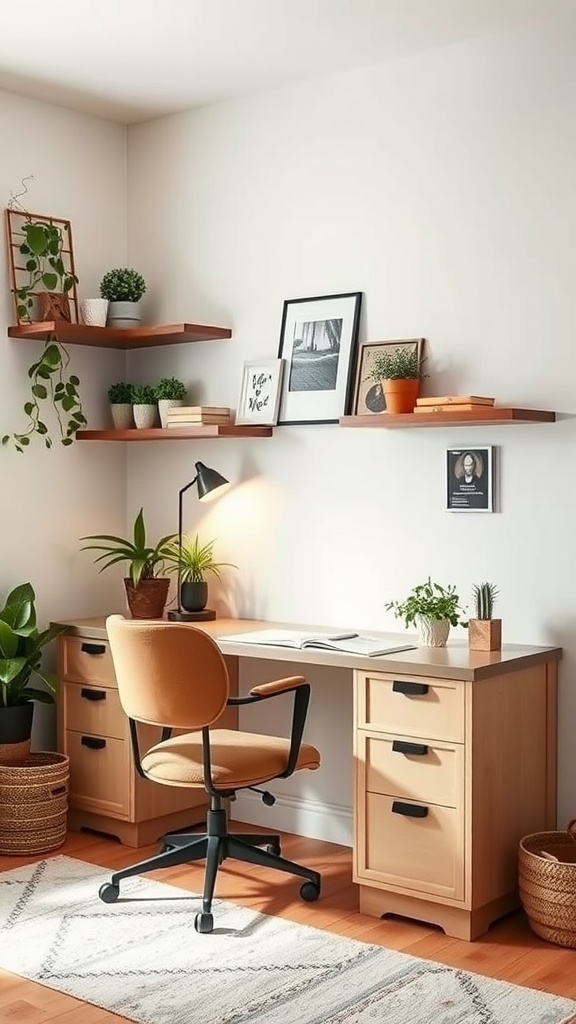 A warm wood built-in desk with storage drawers and decorative shelves above, creating a cozy office nook.