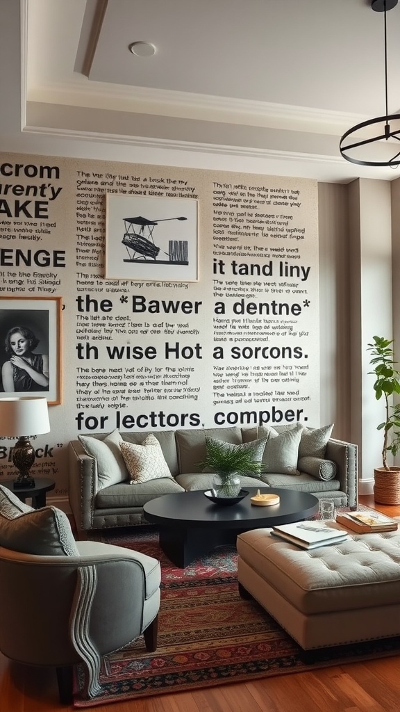 A living room with a wall featuring bold typography, cozy furniture, and an inviting atmosphere.