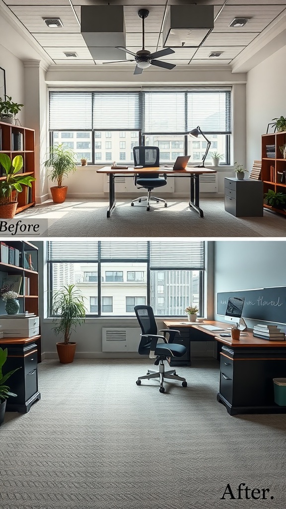 Image showing a workspace before and after transitioning from a traditional desk to a corner desk