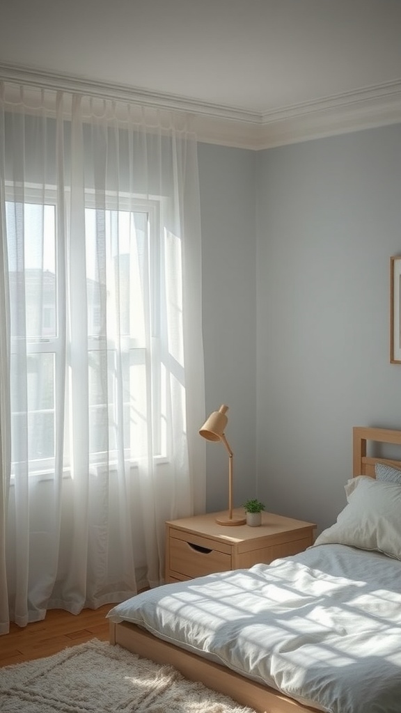 A bright bedroom with translucent curtains and a stylish lamp on a bedside table.