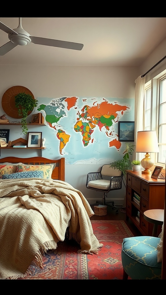 Cozy bedroom with a world map mural, wooden furniture, and plants, showcasing travel-inspired decor