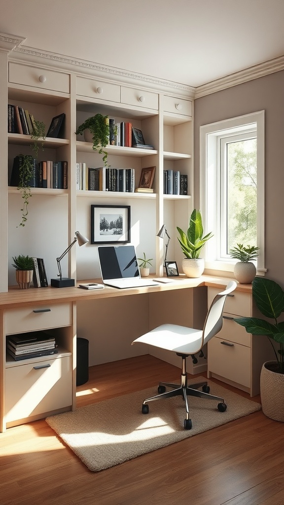 A modern built-in desk with open shelving, plants, and a laptop, showcasing a bright and inviting workspace.