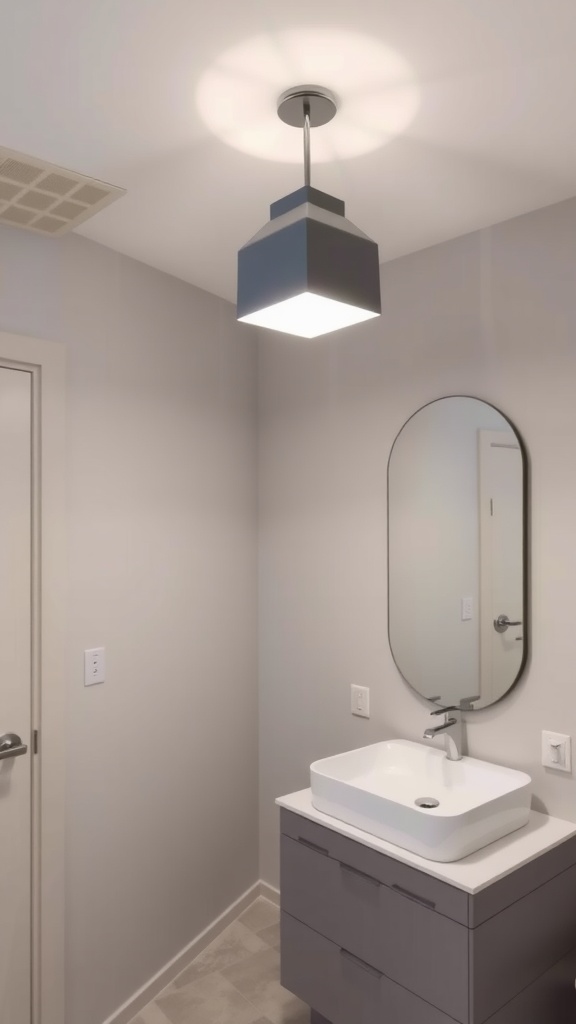 A modern bathroom featuring a gray pendant light above a white sink and gray cabinetry.